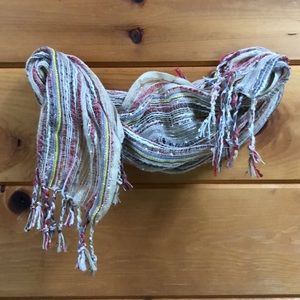 Woven Lurex Fringe Beige Multi Color Gold Silver Embellished Scarf 64” long